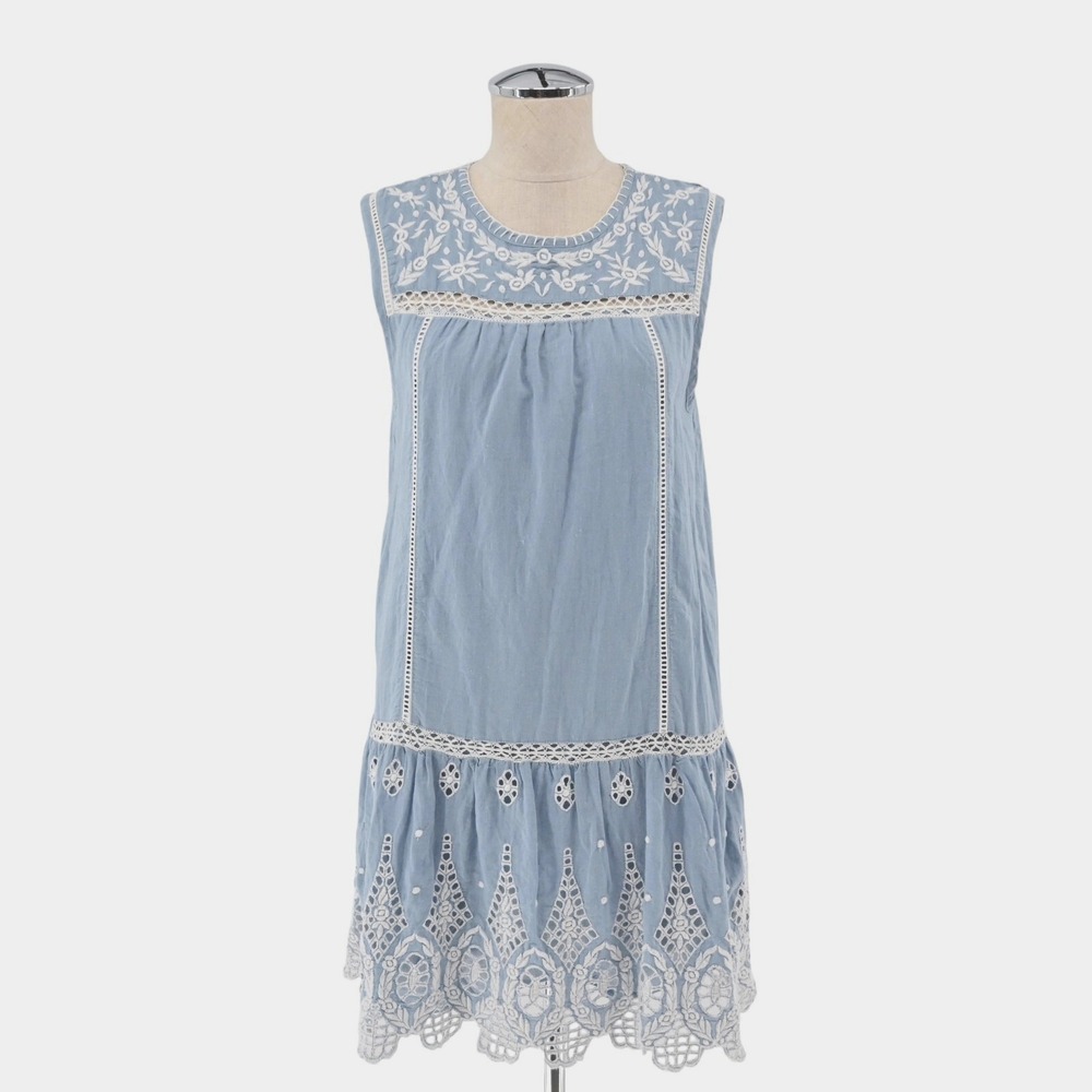 Joie Embroidered Eyelet Lace Mini Dress Womens Size XS Blue Cotton Boho Cotton